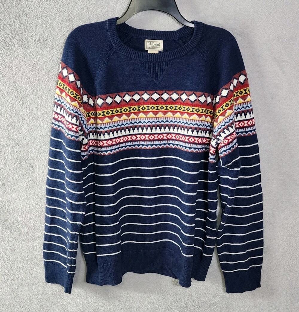 L.L. Bean Sweater Fair Isle Cotton Cashmere Nordic Stripe Navy Womens Large